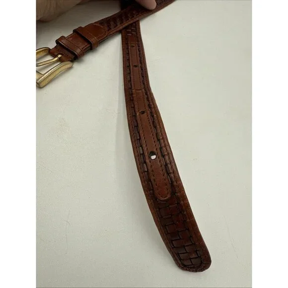 Cole Haan Brown Leather Belt Basket Weave Mens 32 Made USA 1" Brass Buckle - Picture 3 of 7